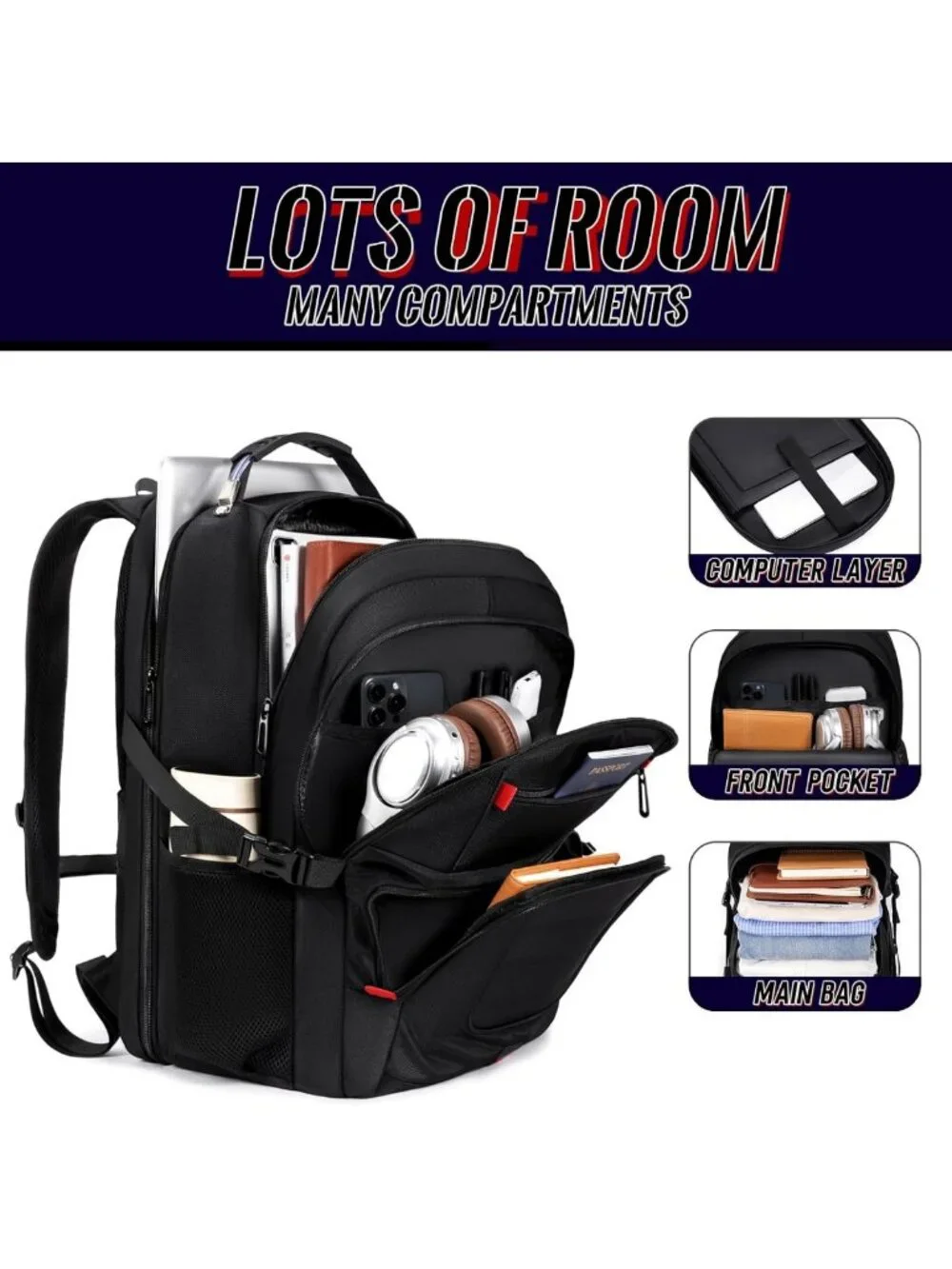 Spacious Black Travel Backpack for Men, Fits 17.3